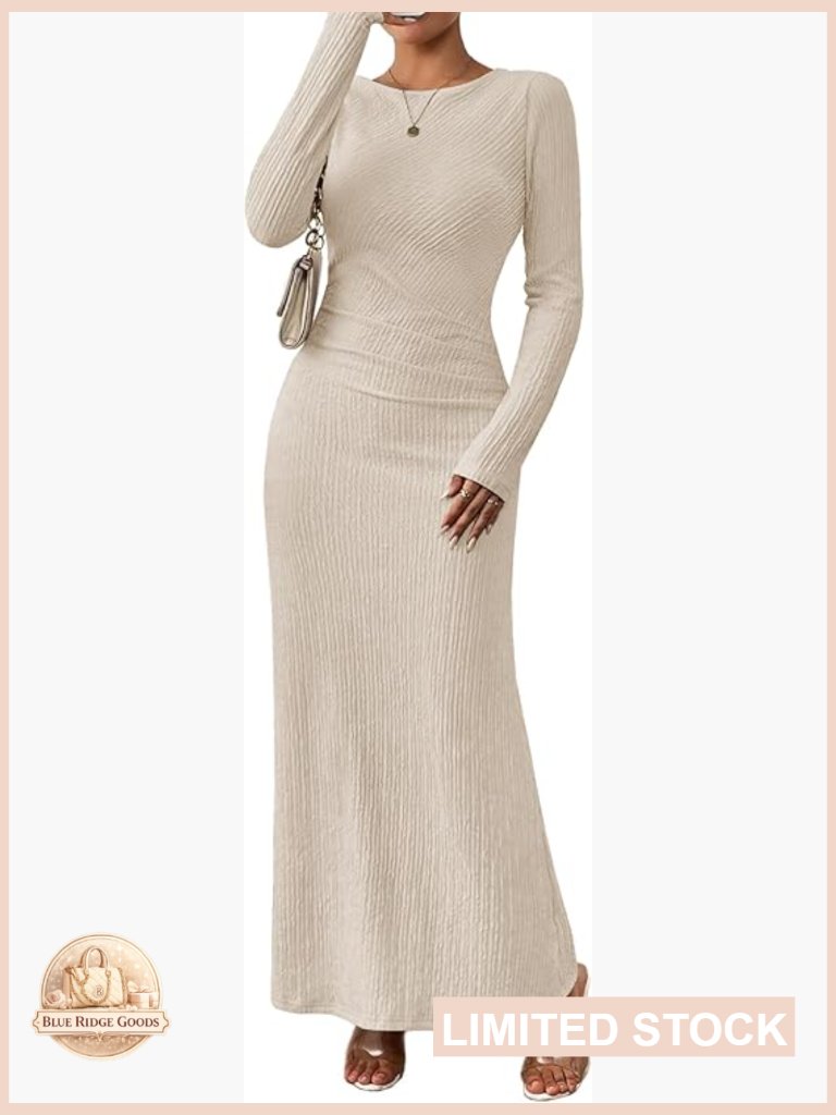 Long Sleeve Maxi Dress Formal Crewneck Bodycon Ruched Cocktail Party